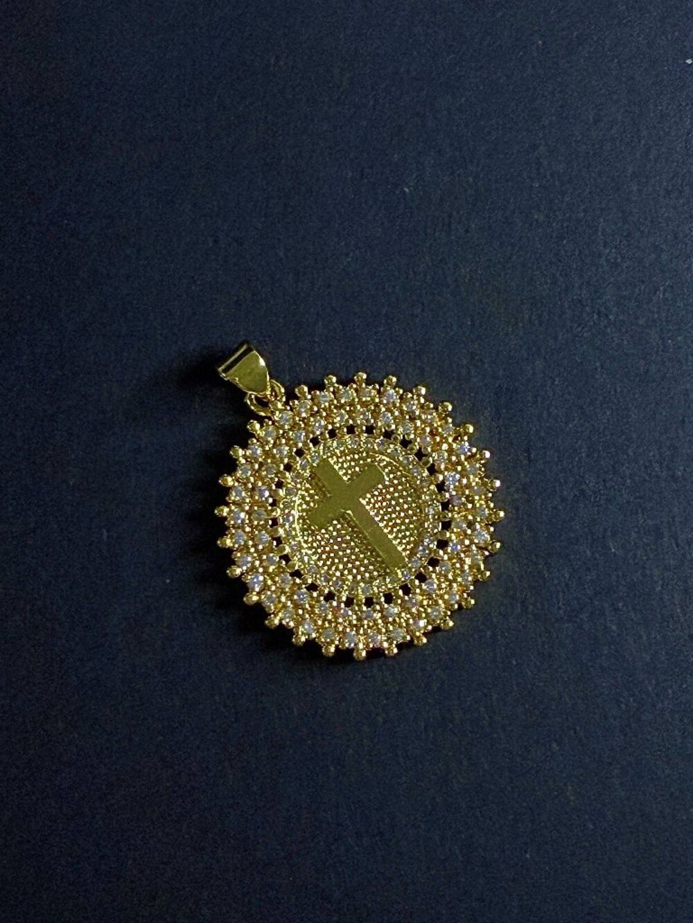Gold Cross Medallion Pendant CZ Sunburst Border Necklace Jewelry